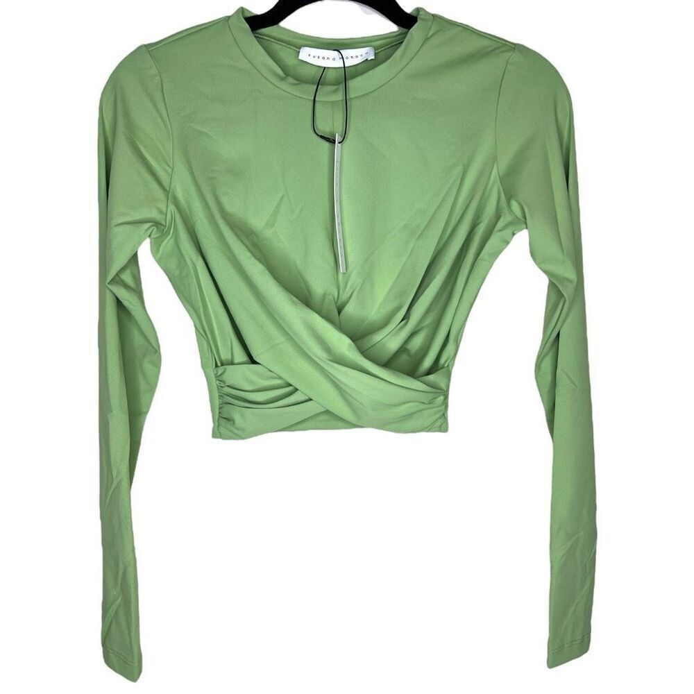 NEW Susana Monaco Cross Front Crew Neck Long Sleeve Top Grass XL